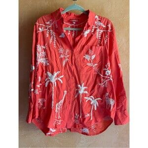 Johnny Was Workshop Embroidered Safari Blouse Cotton Button Front Top Size L